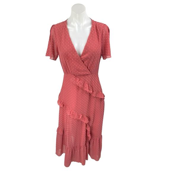 Lulus Pink Short Sleeve Swiss Dot Ruffle Tiered Faux Wrap A Line Midi Dress Sz S - Picture 1 of 5